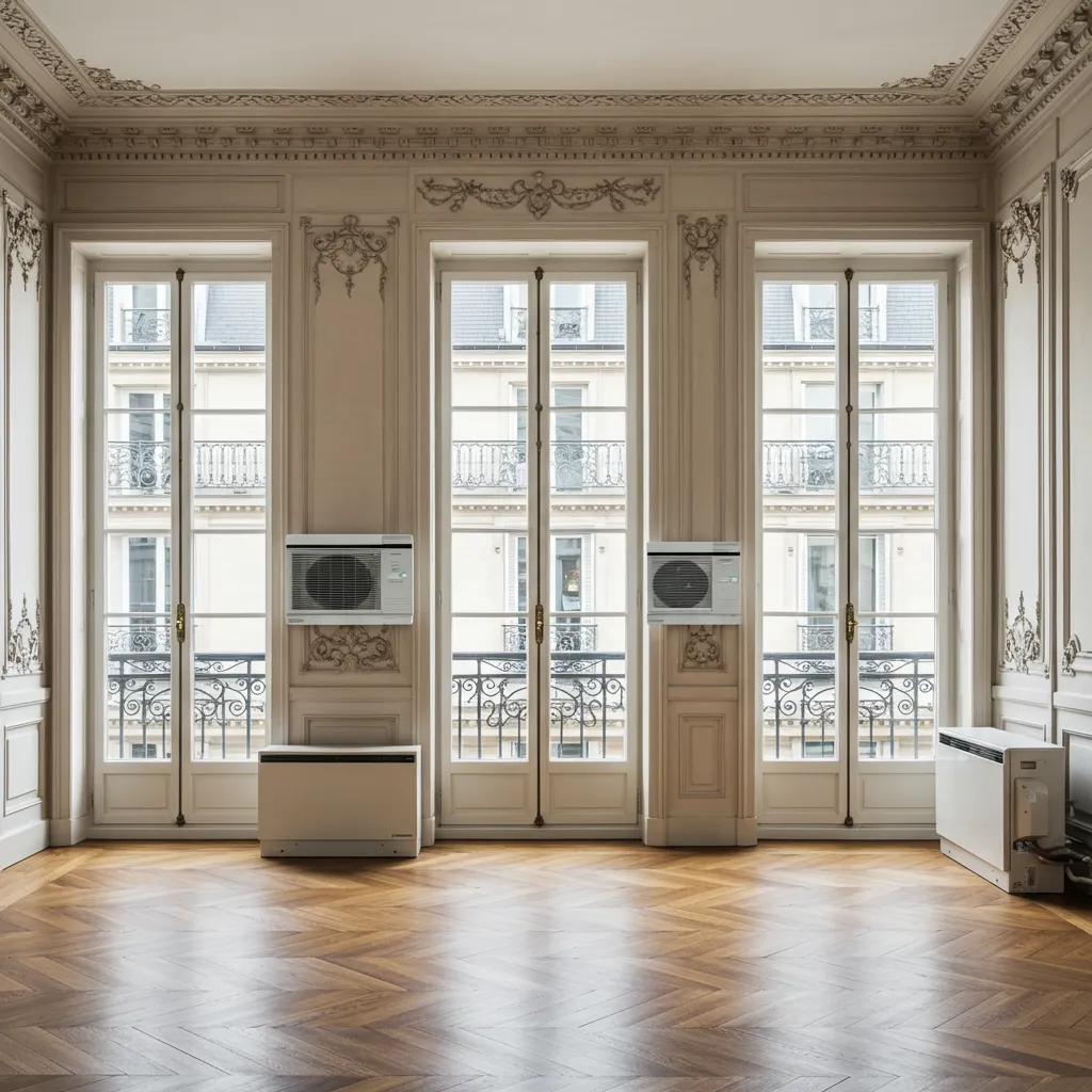 Unités intérieures de pompe à chaleur air/air installées dans un appartement haussmannien aux hauts plafonds avec moulures