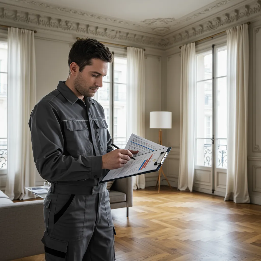 Technicien réalisant une étude de faisabilité et d'estimation des coûts pour l'installation d'une pompe à chaleur dans un appartement haussmannien