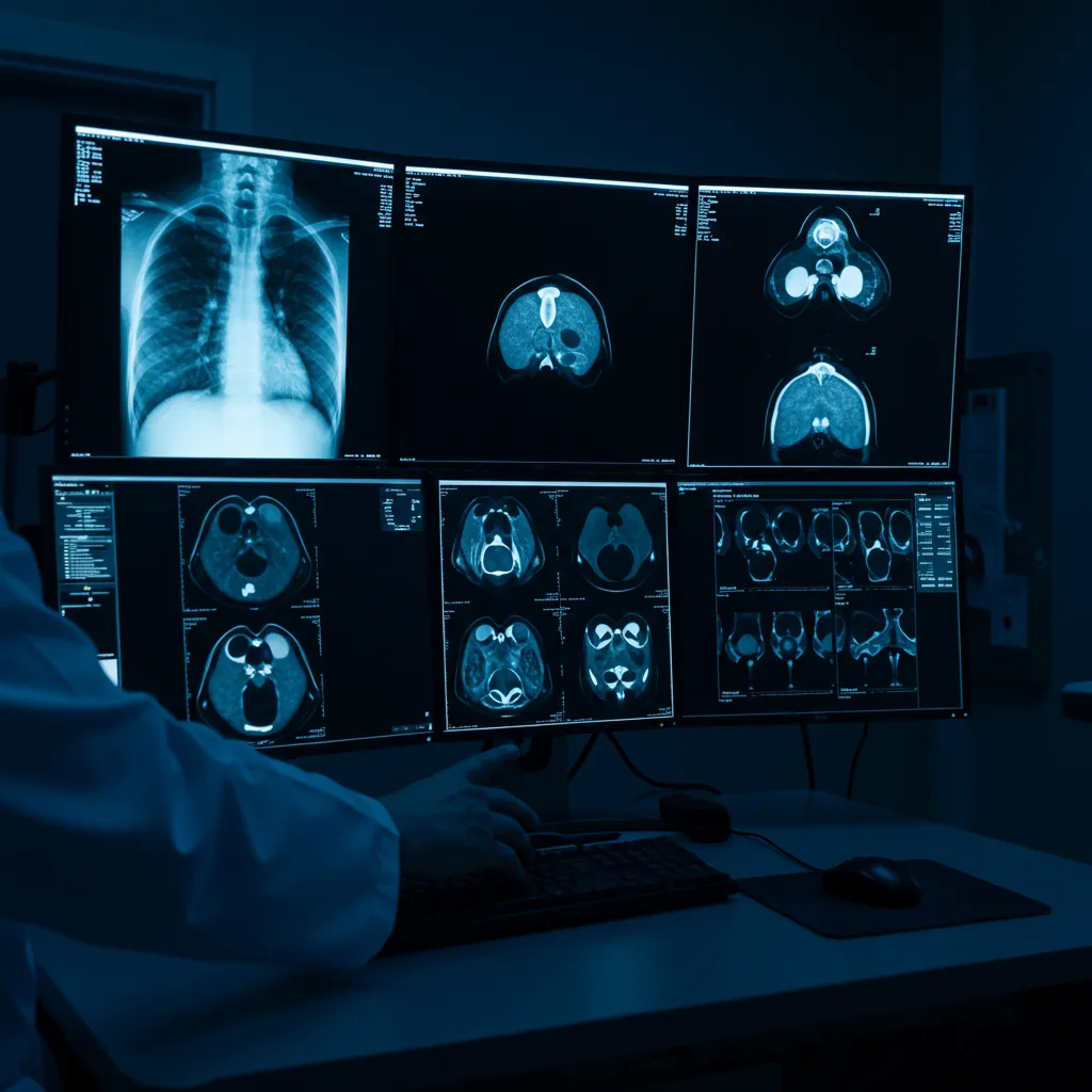 Radiologue analysant des clichés radiologiques sur plusieurs écrans dans une unité d'imagerie médicale