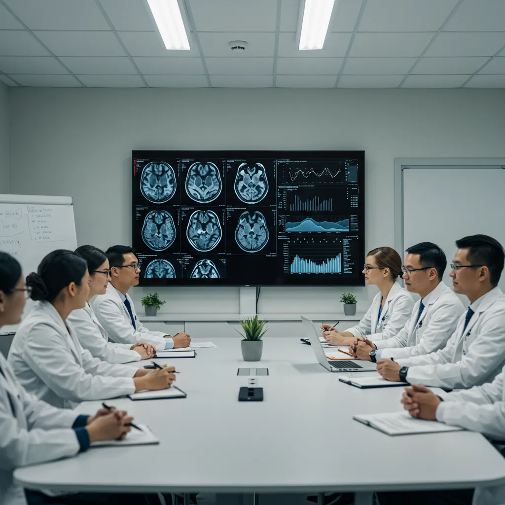 Équipe de professionnels de santé discutant des résultats d'outils d'IA dans un contexte hospitalier