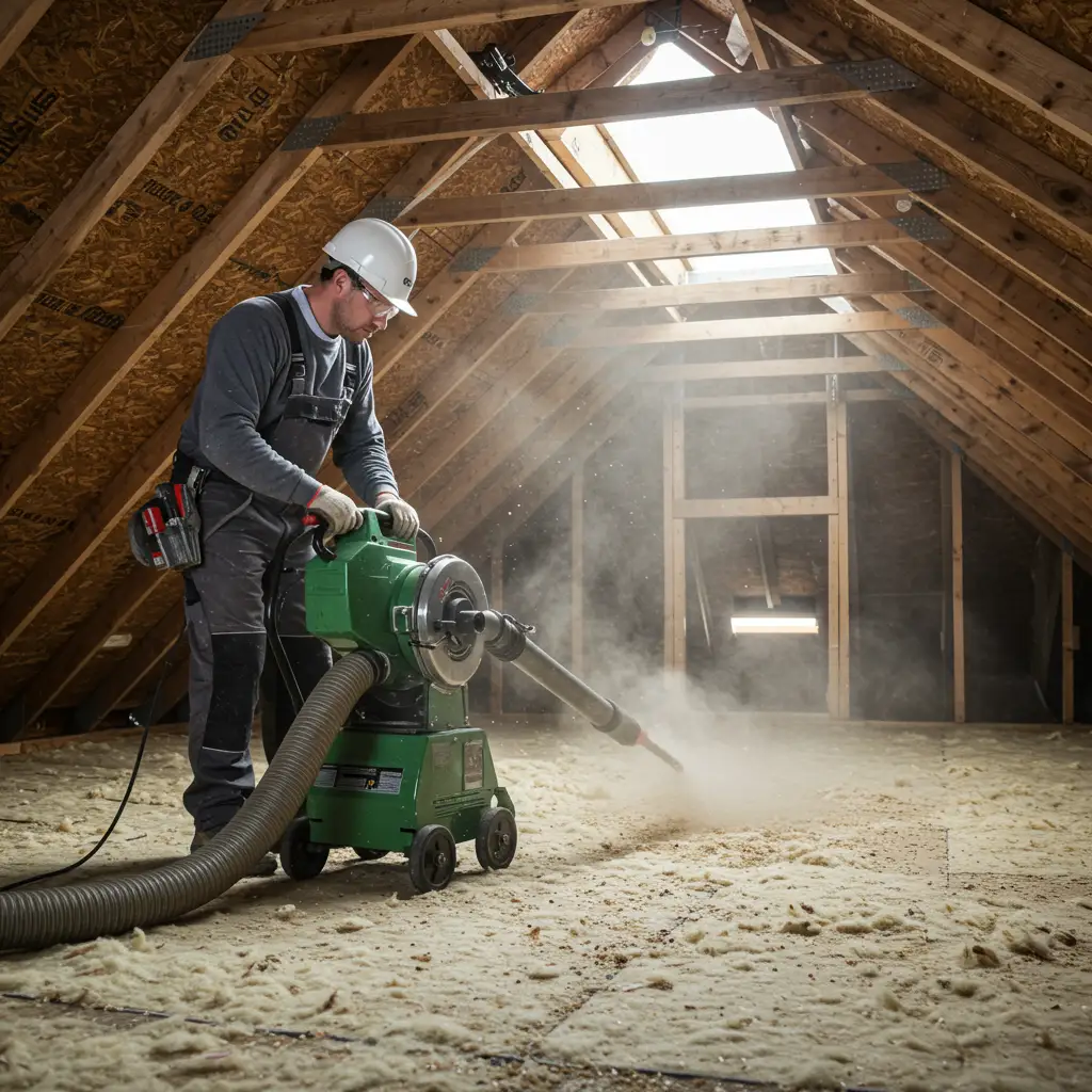Technicien utilisant une machine de soufflage mécanique pour projeter de l'isolant en flocons sur le plancher de combles perdus