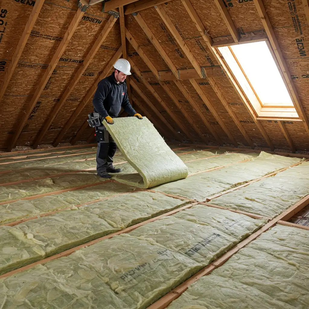 Artisan RGE posant une deuxième couche d'isolant en laine de verre croisée sur le plancher de combles perdus lors d'un chantier de rénovation