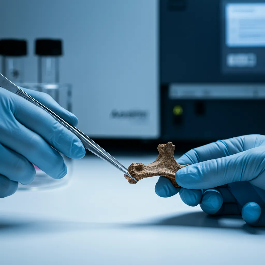 Chercheur manipulant un fragment d'os ancien dans un laboratoire de paléogénomique pour extraction d'ADN