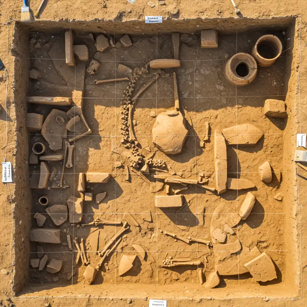 Vue aérienne d'un site de fouilles néolithique révélant des squelettes anciens, illustrant les migrations humaines depuis le Croissant fertile