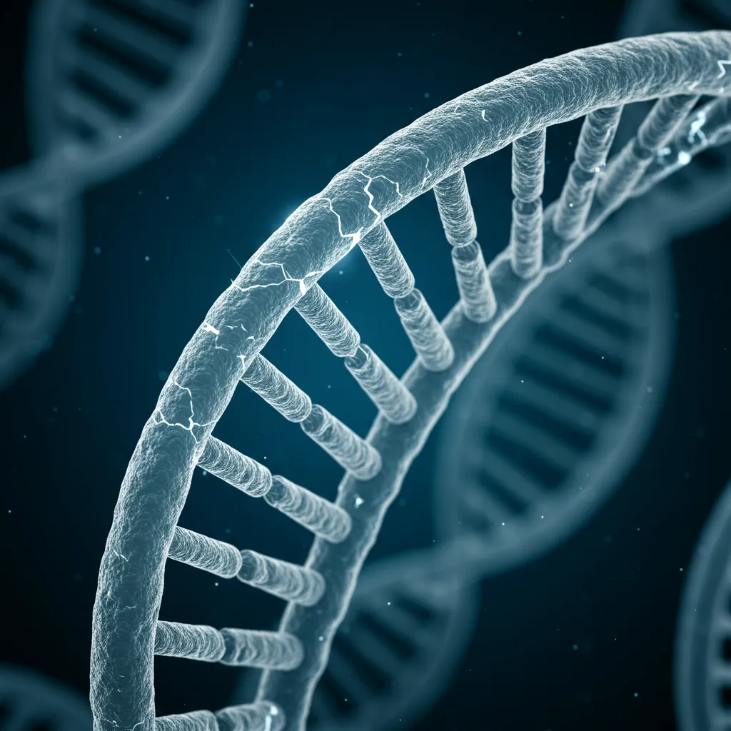 Gros plan sur un brin d'ADN endommagé illustrant les mutations génétiques à l'origine du cancer