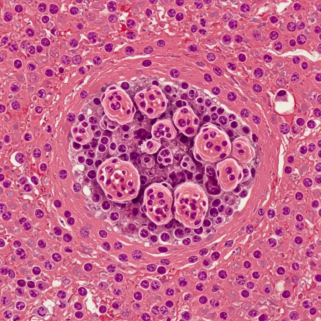 Vue microscopique d'une tumeur en développement entourée de tissu sain illustrant la progression tumorale
