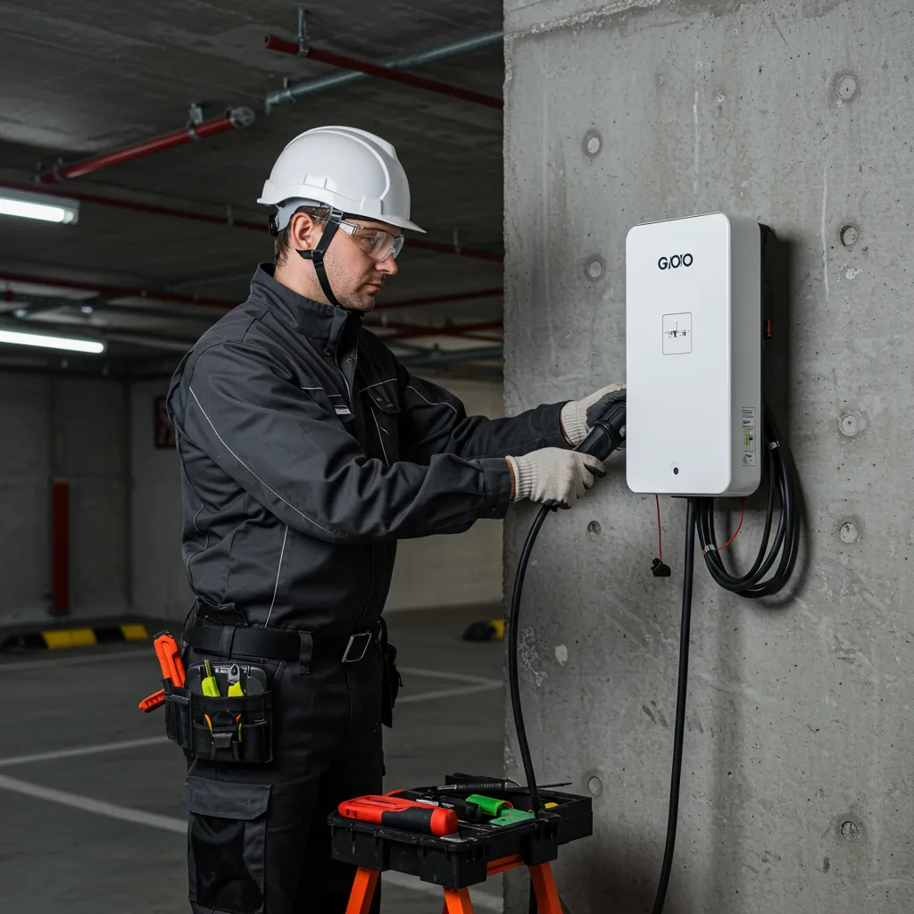 Technicien certifié IRVE en train d'installer une borne de recharge individuelle dans un parking d'immeuble