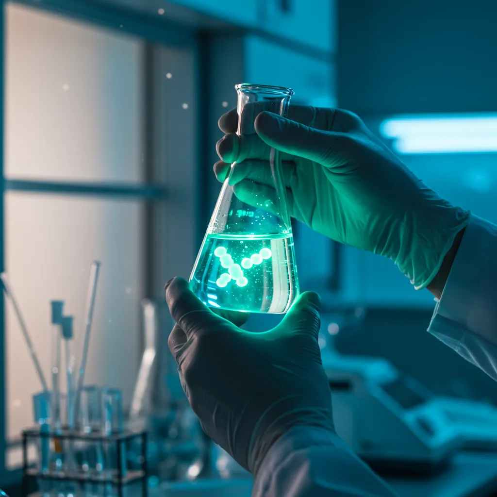 Chercheur en laboratoire tenant un flacon de culture bactérienne, illustrant l'étude de l'acquisition de la résistance aux antibiotiques