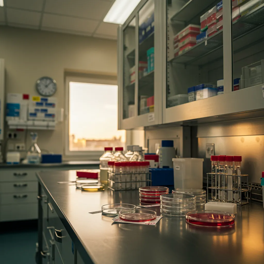 Banc de laboratoire de microbiologie clinique avec antibiogrammes et flacons d'antibiotiques, illustrant l'analyse comparative des mécanismes de résistance bactérienne