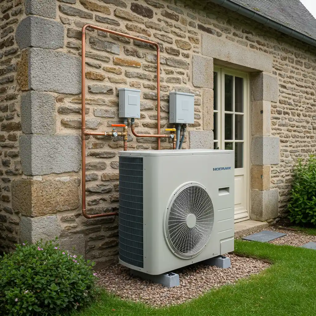 Unité extérieure d'une pompe à chaleur air/eau installée contre le mur d'une maison ancienne rénovée