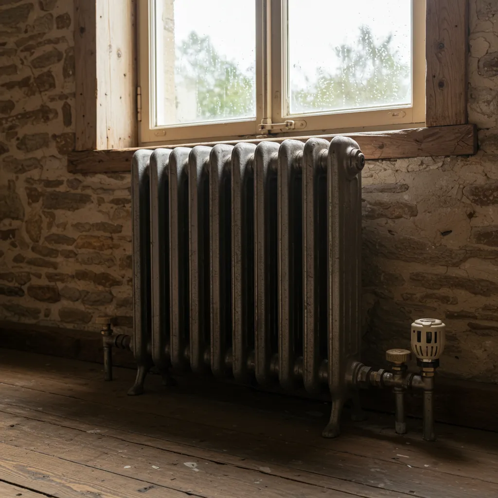 Radiateur en fonte ancien dans une maison 1900 avec parquet et murs en pierre, adapté à une pompe à chaleur basse température