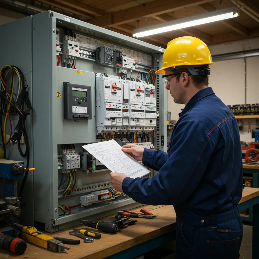 Technicien électricien inspectant un tableau de distribution électrique industriel dans un atelier artisanal