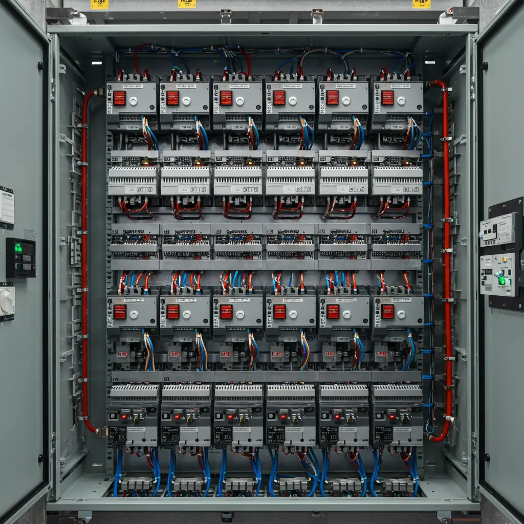 Batterie de condensateurs pour compensation d'énergie réactive installée dans une armoire électrique d'atelier