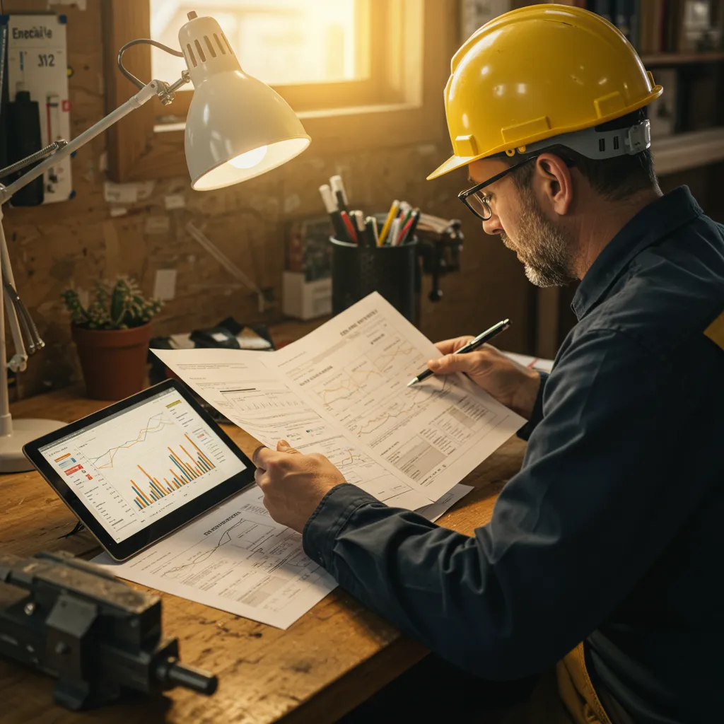 Artisan analysant ses factures d'électricité et ses données de consommation d'énergie réactive dans son atelier