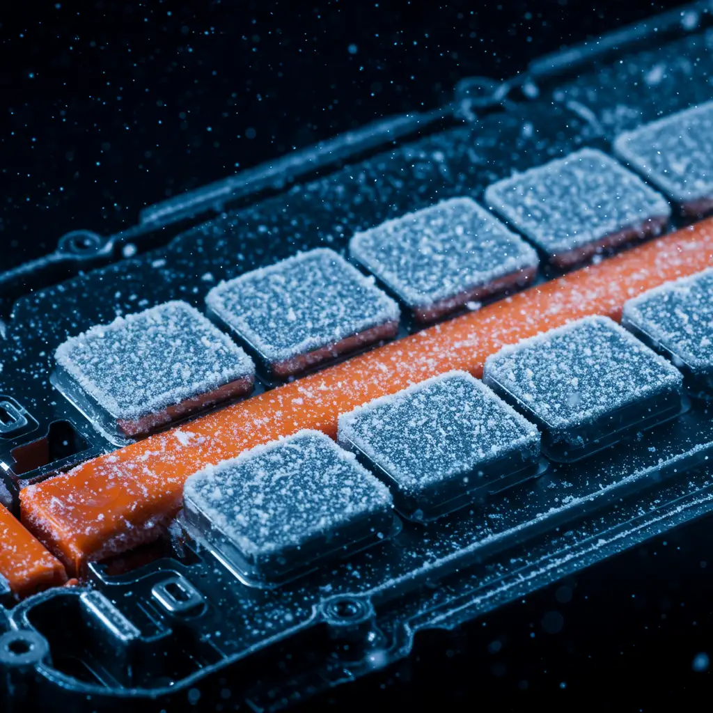 Gros plan sur un pack batterie de voiture électrique recouvert de givre illustrant la dégradation chimique par le froid