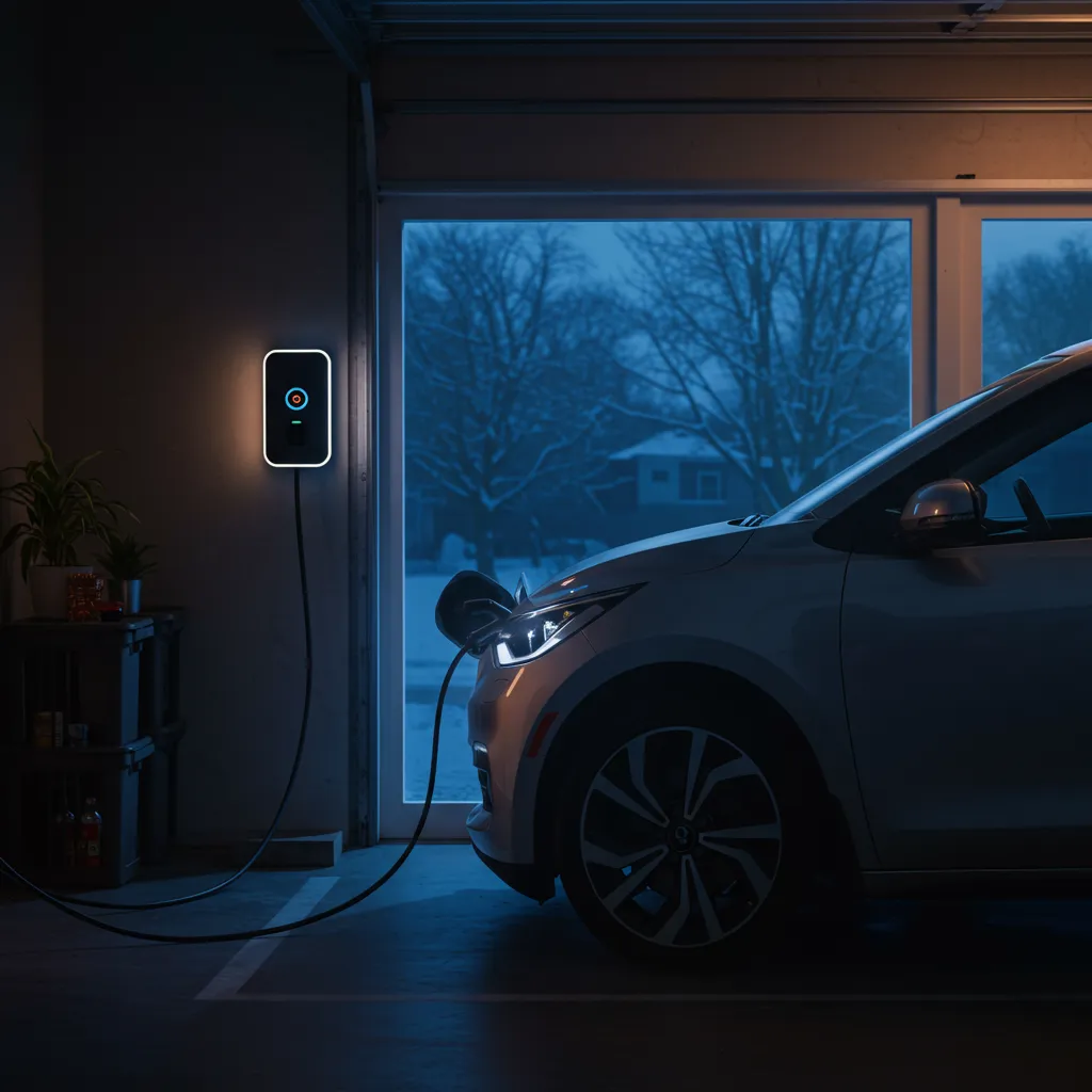 Voiture électrique branchée sur une borne de recharge domestique dans un garage en hiver pour le préconditionnement de la batterie