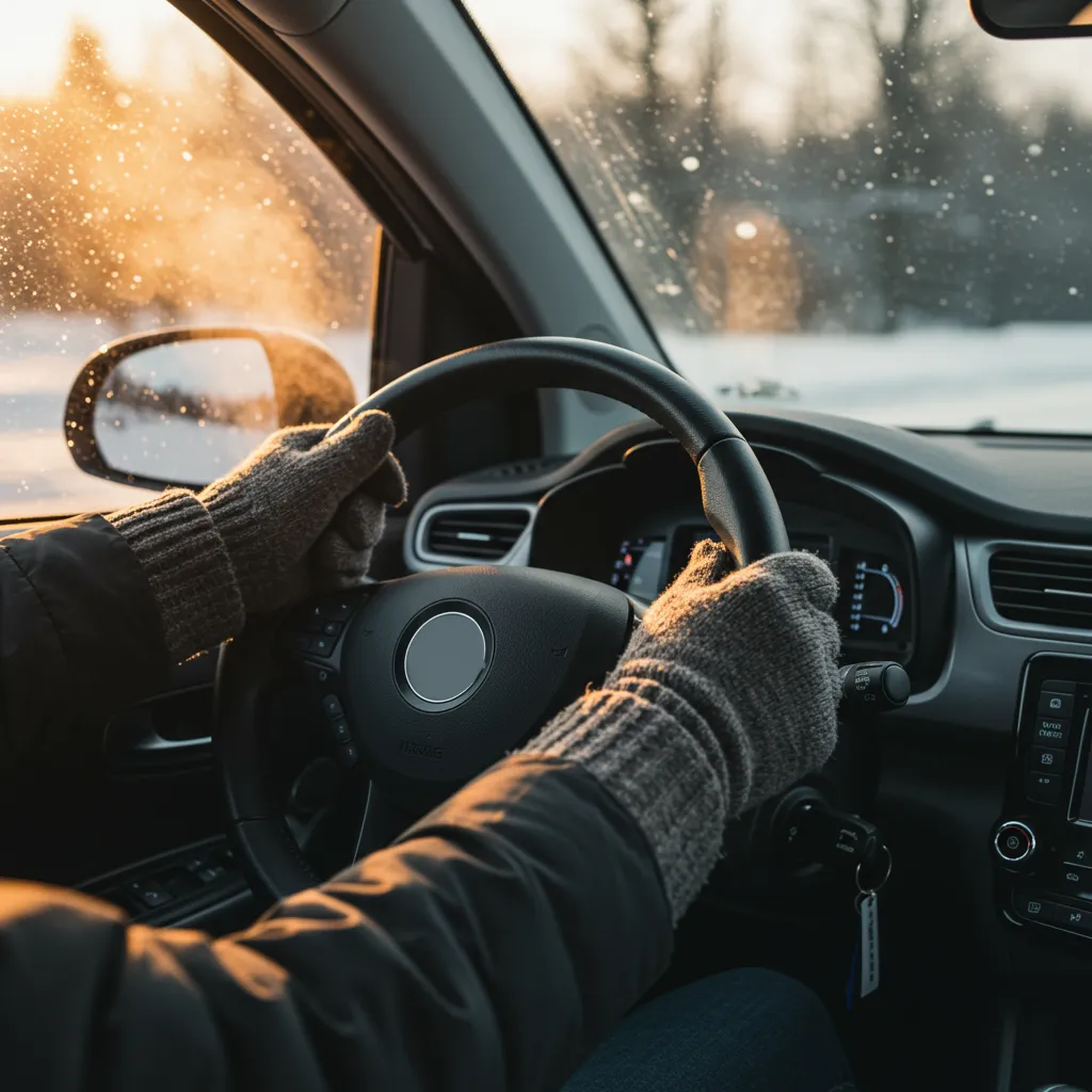 Mains gantées d'un conducteur au volant d'une voiture électrique citadine par temps hivernal illustrant l'expérience réelle en hiver