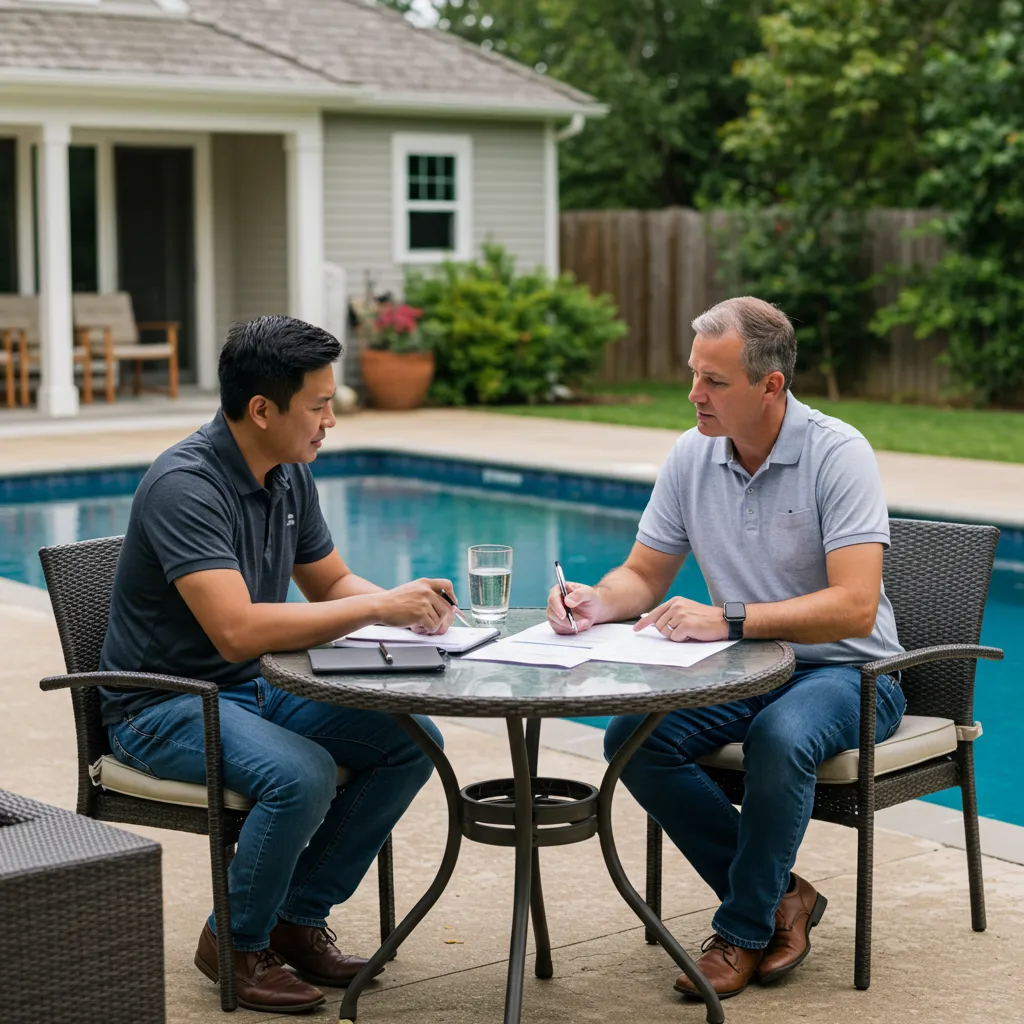 Propriétaire de piscine en consultation avec un technicien solaire pour choisir la solution de chauffage adaptée