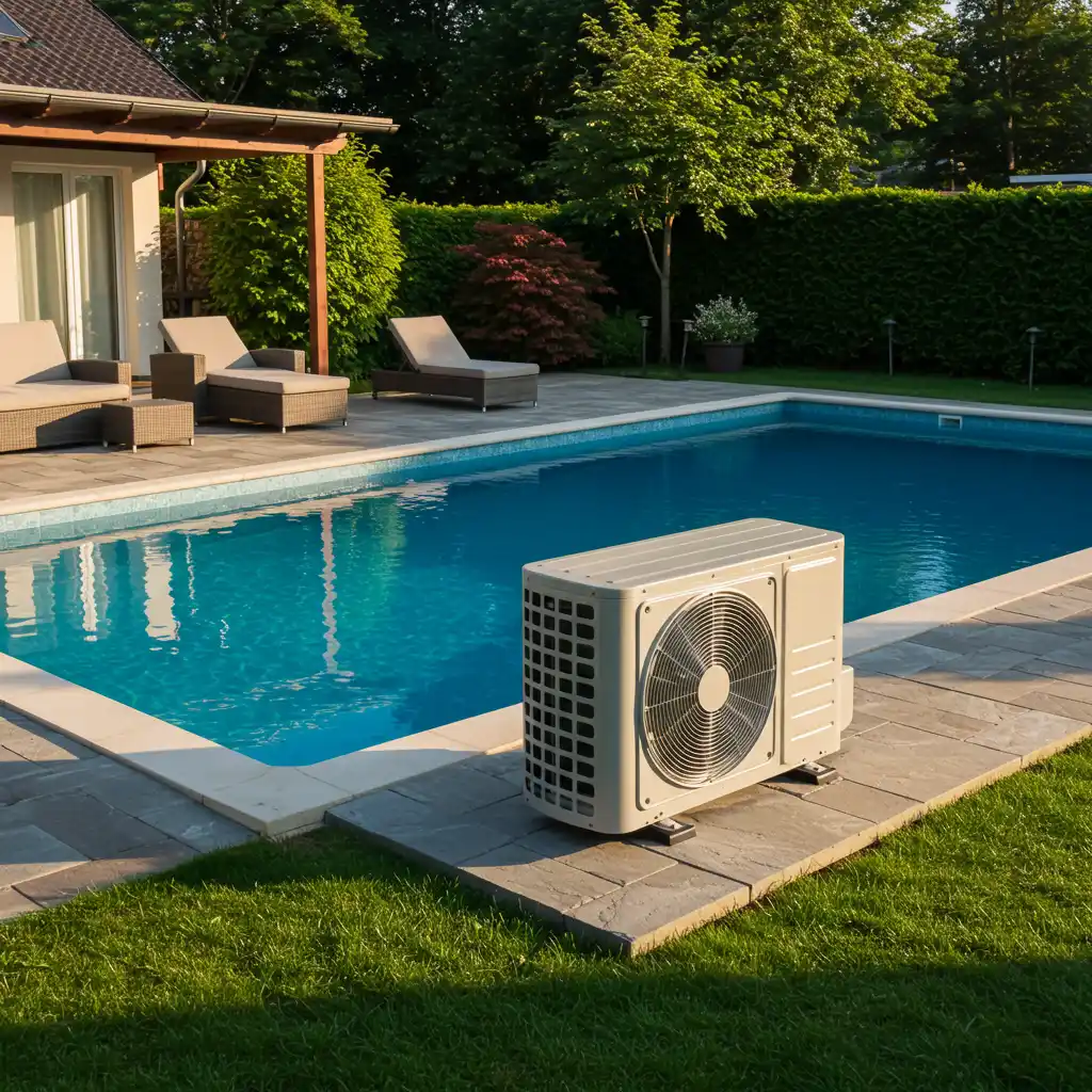 Piscine extérieure équipée d'une pompe à chaleur solaire dans un jardin résidentiel en été