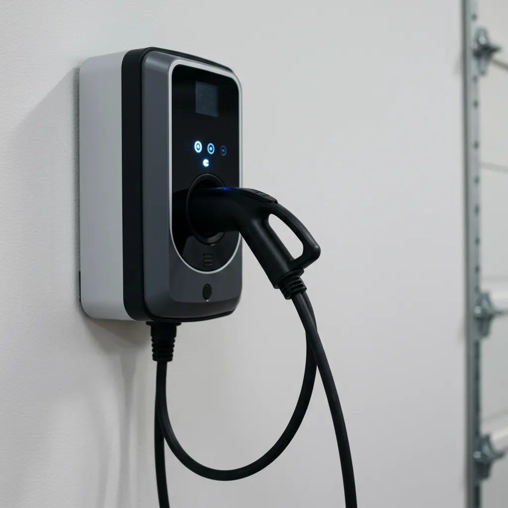 Gros plan sur une wallbox de recharge pour véhicule électrique fixée au mur d'un garage