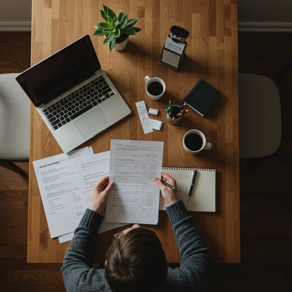 Propriétaire vérifiant les documents et factures d'installation de borne de recharge pour sa déclaration fiscale