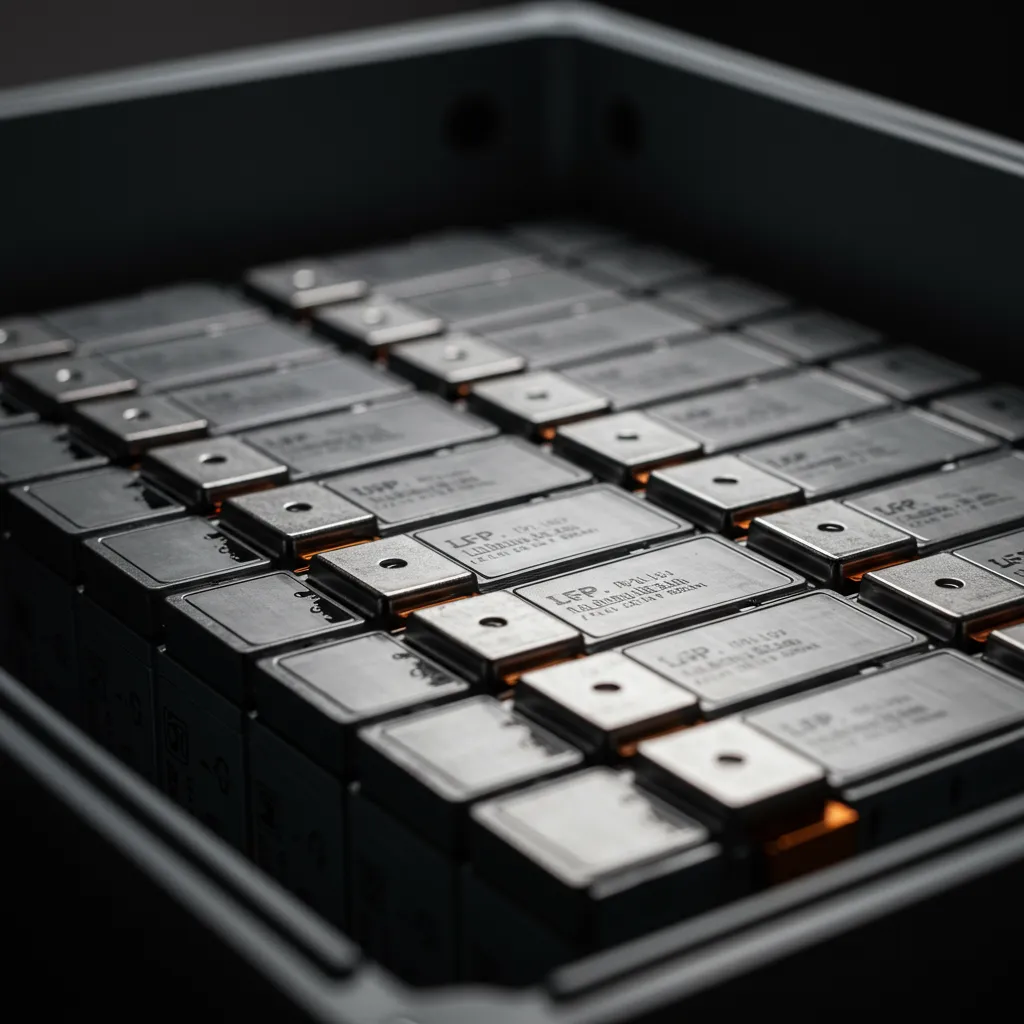 Cellules de batterie lithium fer phosphate LFP en gros plan montrant la construction interne et les bornes métalliques