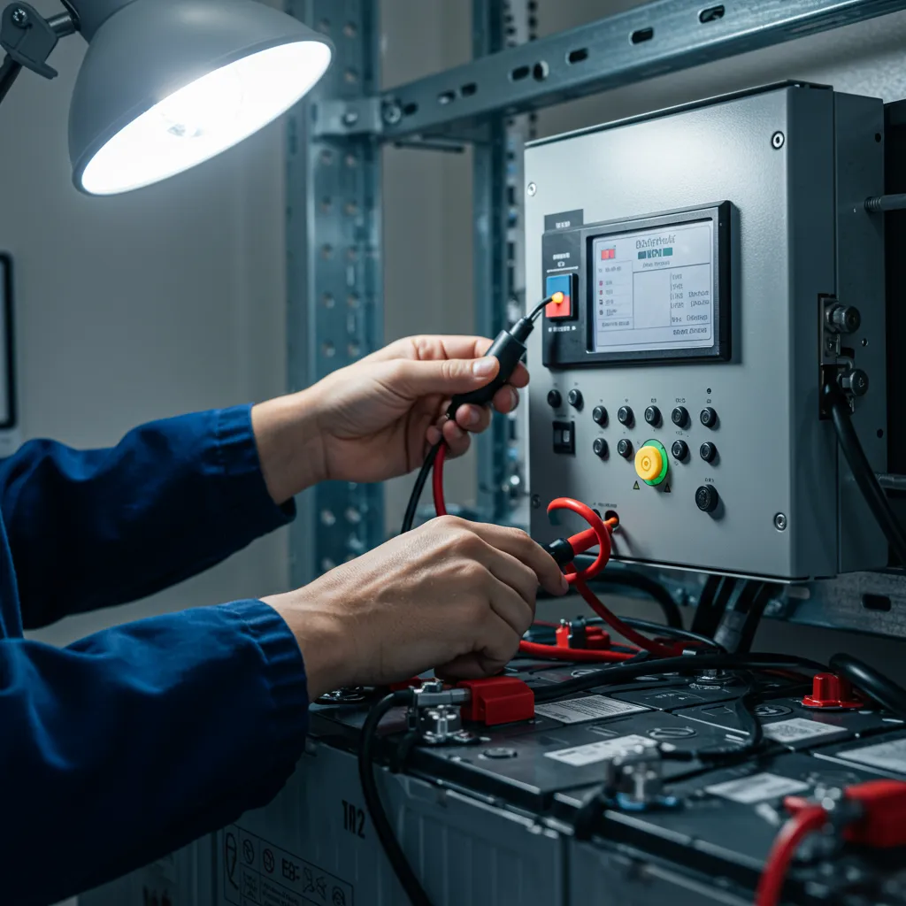 Technicien effectuant la maintenance d'un système de gestion de batterie BMS connecté à des batteries LFP solaires