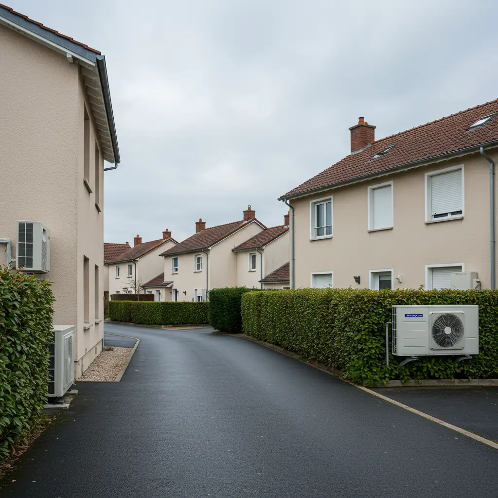 Quartier résidentiel français avec des pompes à chaleur installées en façade, illustrant les alternatives concrètes disponibles dès aujourd'hui