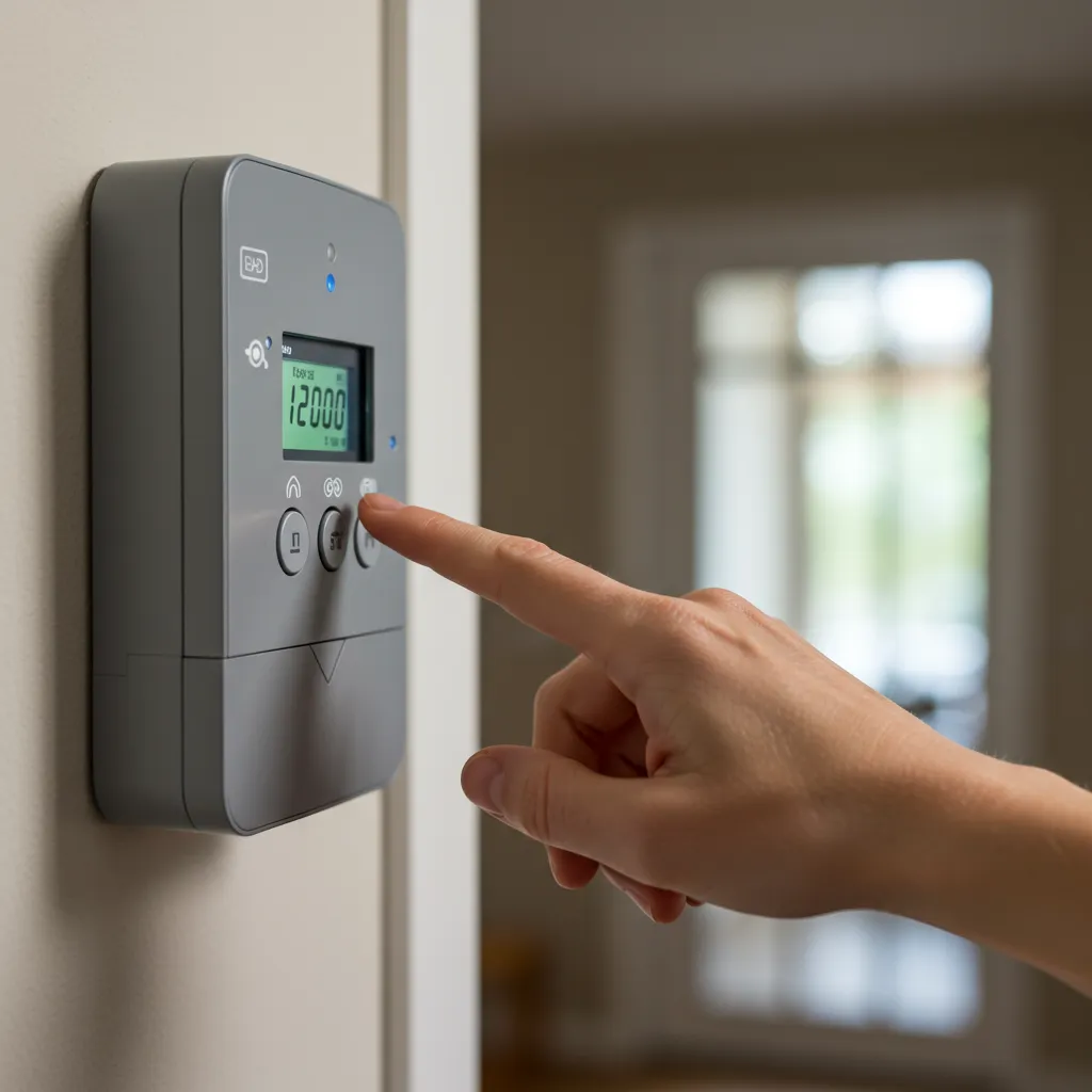 Main appuyant sur le bouton du compteur Linky pour réarmer après un dépassement de puissance