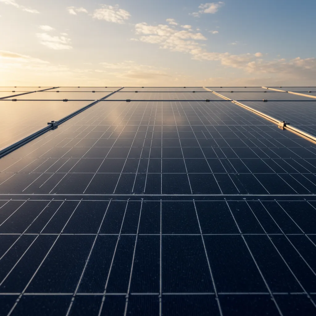 Rangées de panneaux solaires résidentiels vus en contre-plongée, détail de la surface et des fixations