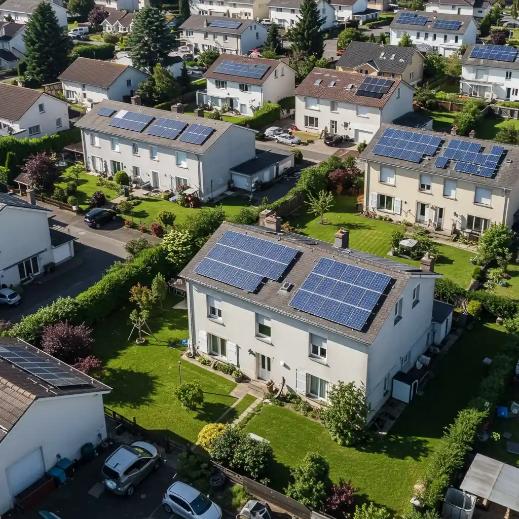 Vue aérienne d'un quartier résidentiel français avec plusieurs maisons équipées de panneaux solaires en toiture