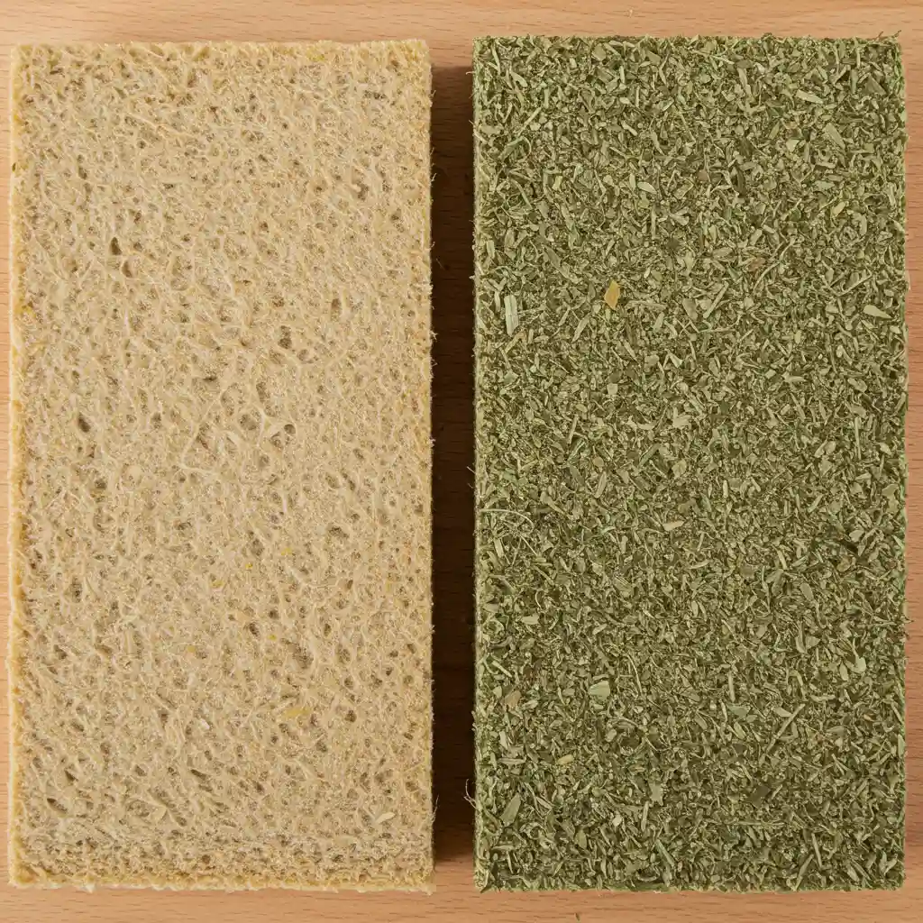 Gros plan en vue de dessus comparant la texture de la ouate de cellulose et du chanvre projeté côte à côte