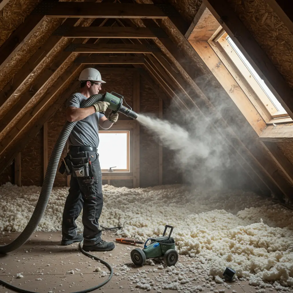 Artisan RGE soufflant de la ouate de cellulose en vrac dans des combles perdus lors d'une rénovation thermique
