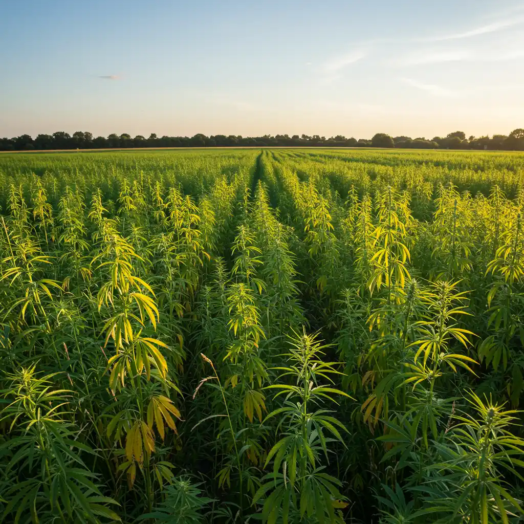 Champ de chanvre cultivé en France sous un ciel estival, illustrant l'origine naturelle et locale du chanvre projeté