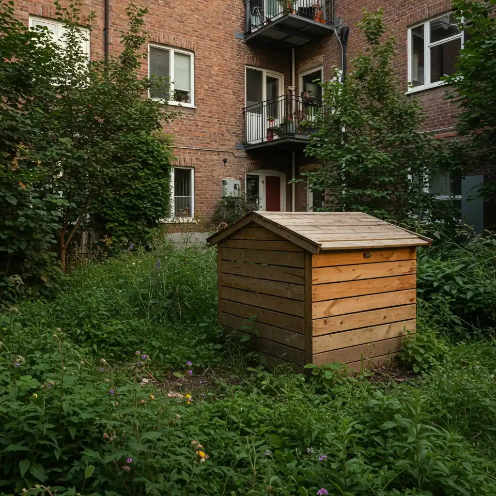 Bac de compostage collectif dans la cour d'un immeuble urbain, illustrant le traitement des matières issues des toilettes sèches en habitat collectif