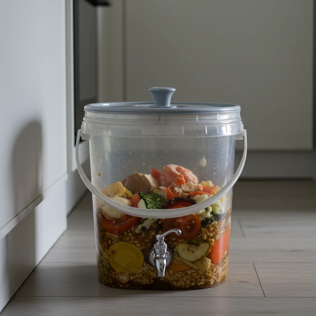 Seau Bokashi hermétique posé dans un appartement sans balcon, solution de fermentation anaérobie pour biodéchets