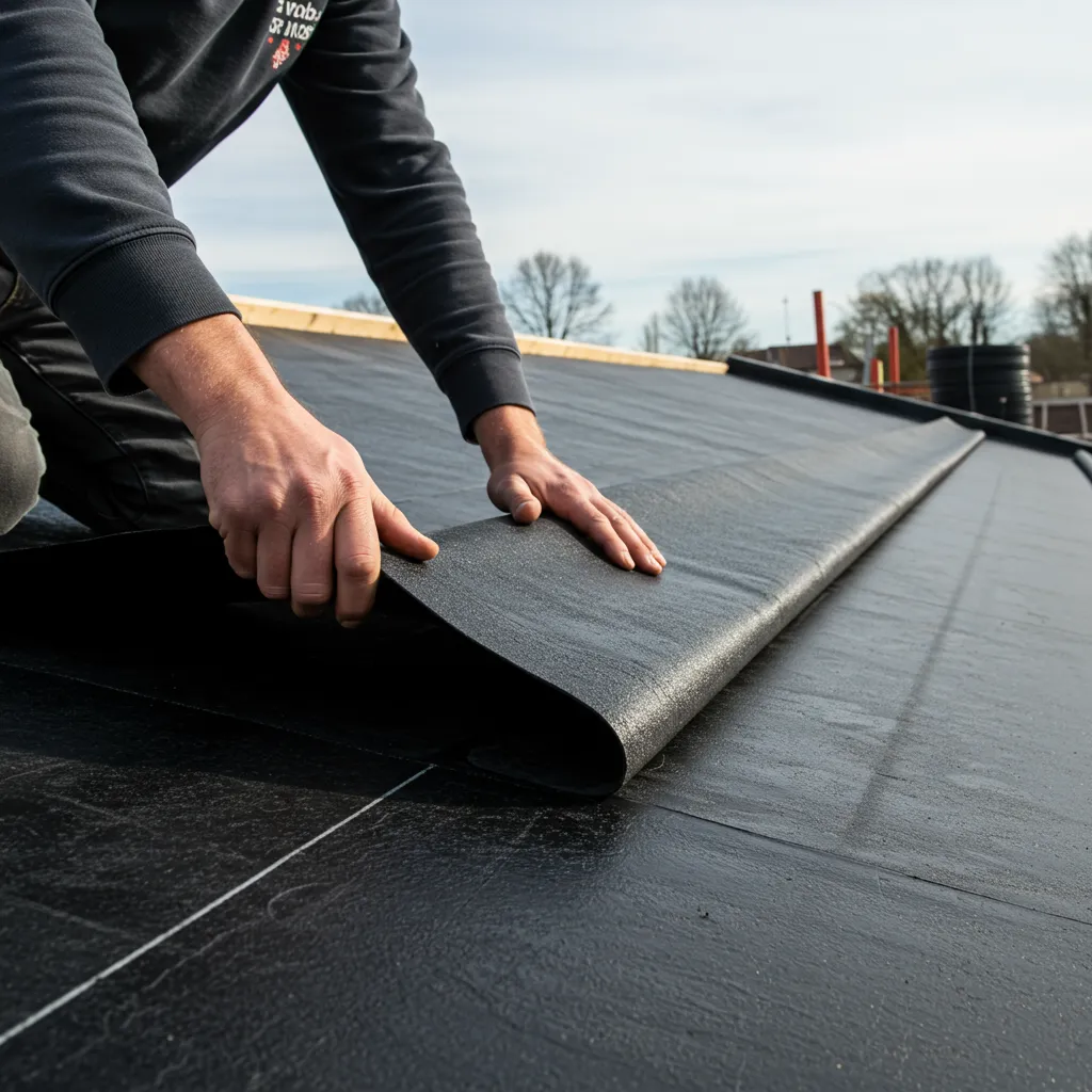 Pose d'une membrane EPDM anti-racines sur un appentis lors de l'installation d'une toiture végétalisée extensive