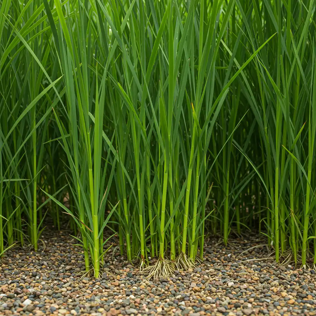 Gros plan sur des roseaux phragmites poussant dans le substrat d'un filtre planté de phyto-épuration