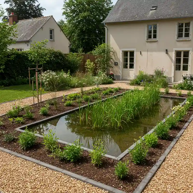 Filtre planté de roseaux bien intégré dans le jardin d'une maison individuelle en zone rurale