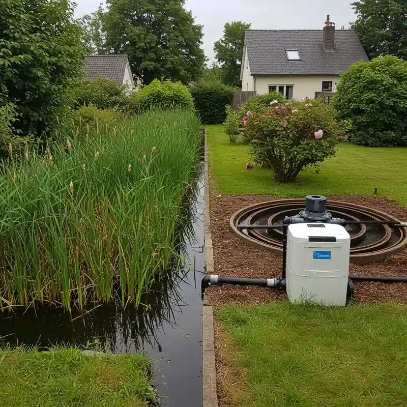 Comparaison visuelle entre un système de phyto-épuration naturel et une micro-station d'épuration mécanique dans un jardin