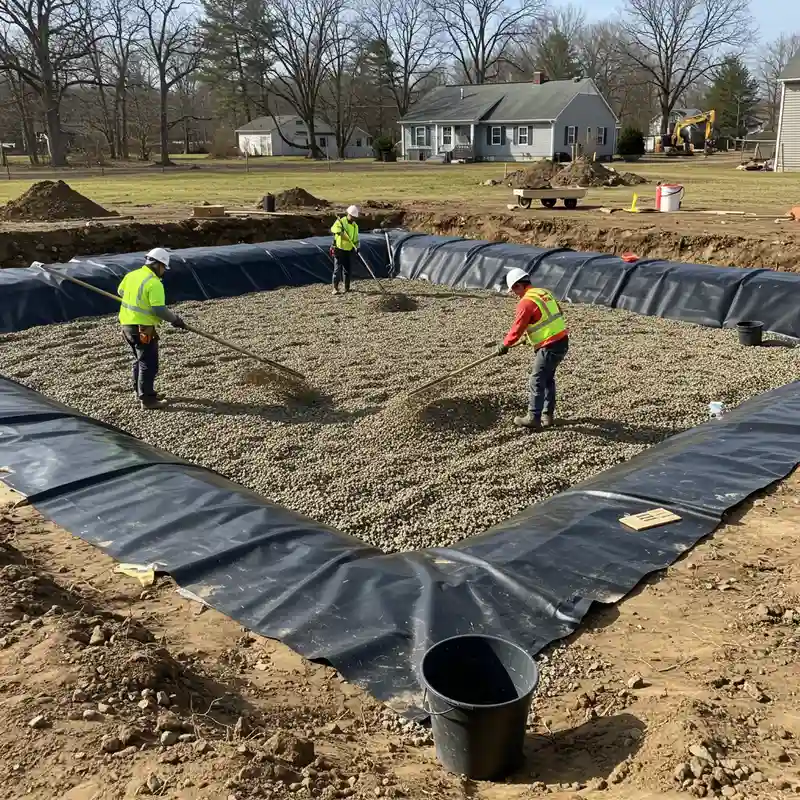 Pose du substrat de gravier lors de l'installation d'un filtre planté de roseaux pour phyto-épuration