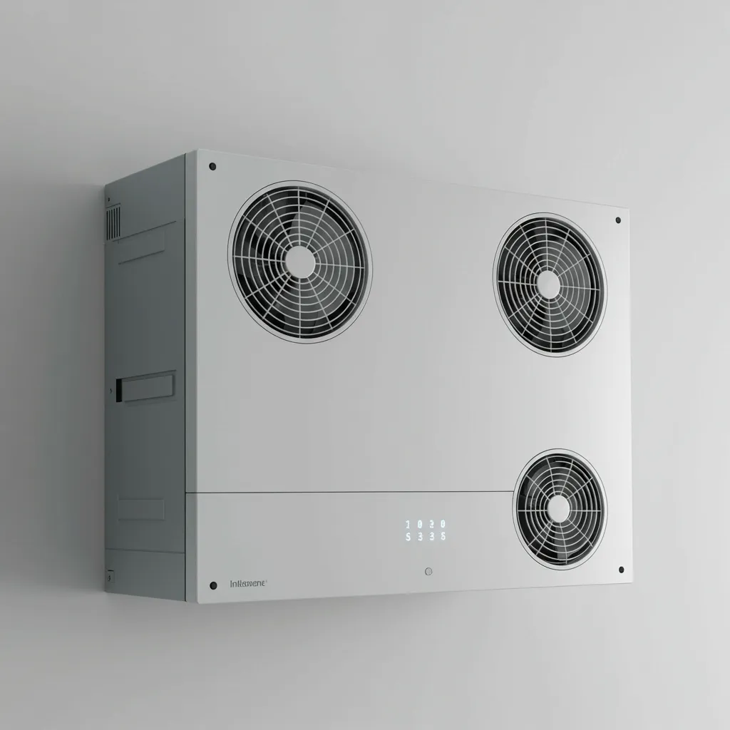 Unité de VMC double flux compacte installée sur un mur intérieur dans une maison en rénovation