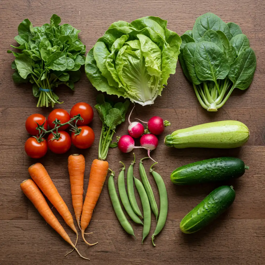 Les 8 légumes adaptés à la permaculture sur balcon : tomates cerises, laitue, radis, épinards, haricots, carottes, courgette et concombre