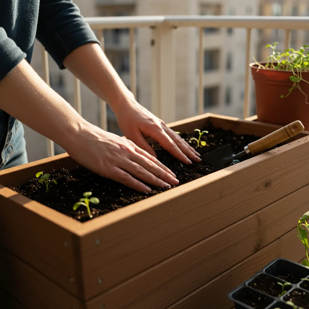 Premières étapes concrètes pour démarrer sa permaculture sur balcon : remplissage d'un bac de culture