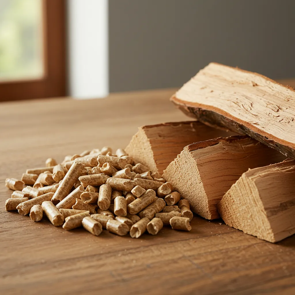 Comparaison visuelle entre granulés de bois et bûches de bois comme combustibles pour le chauffage