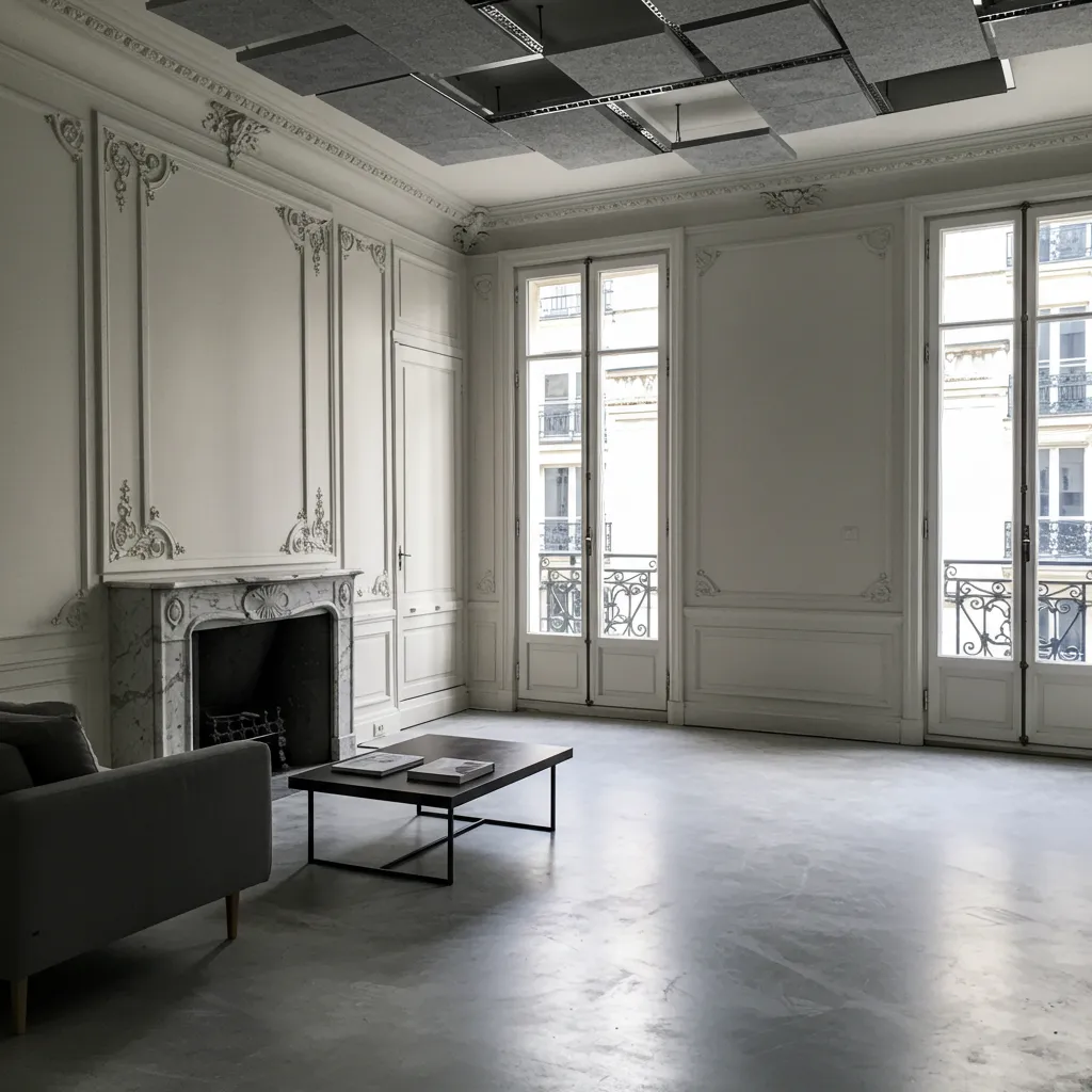 Salon rénové avec chape flottante acoustique et faux-plafond suspendu dans un appartement ancien