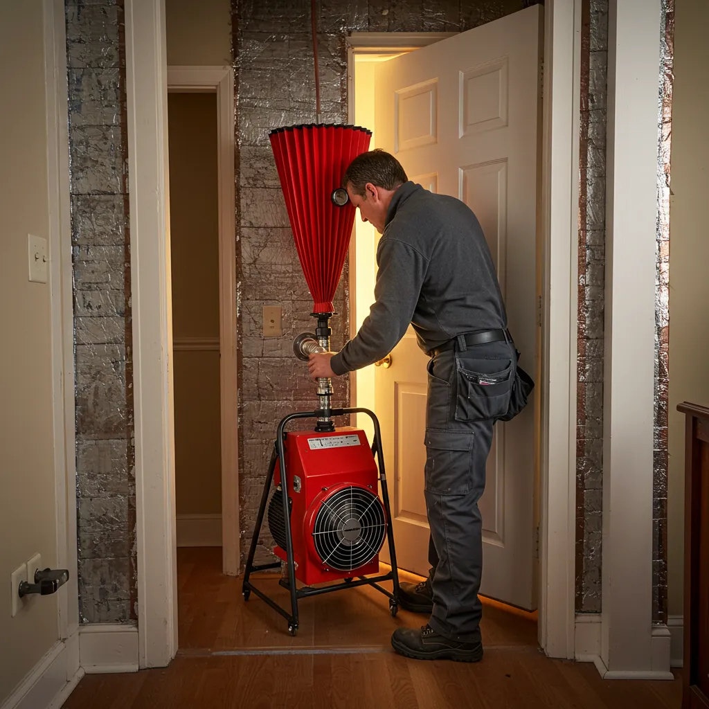 Installation d'une porte soufflante blower door dans l'encadrement d'une porte d'entrée pour un test d'infiltrométrie