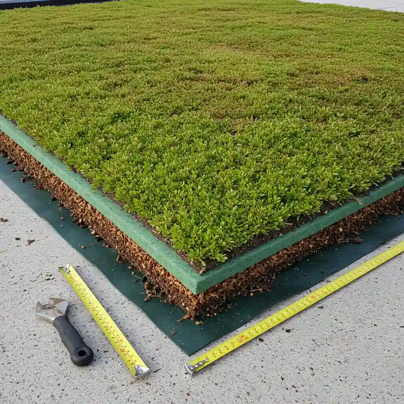Vue de dessus d'une coupe transversale d'un complexe de toit végétalisé extensif montrant toutes les couches constitutives du système