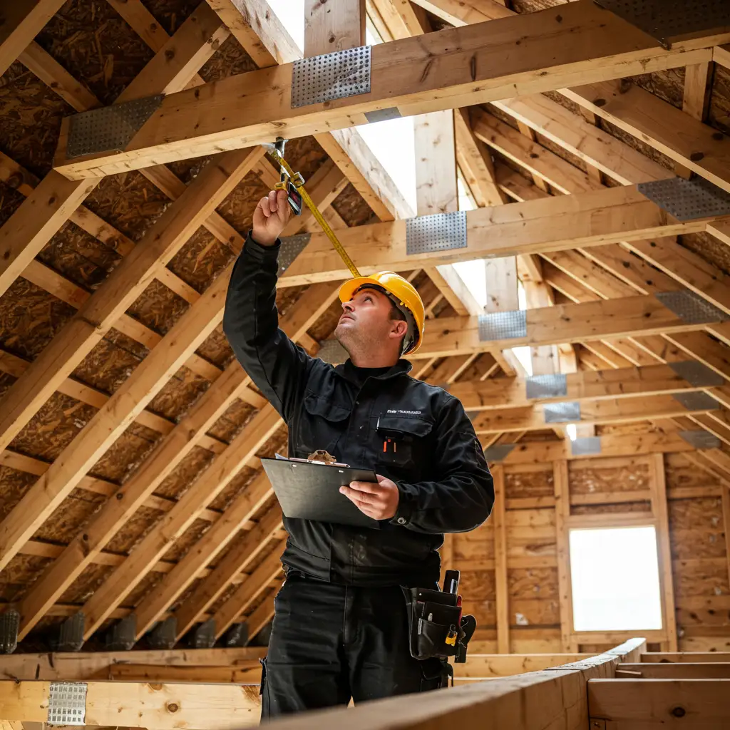 Ingénieur structure inspectant la charpente bois d'un garage depuis l'intérieur pour évaluer la capacité portante avant pose d'un toit végétalisé