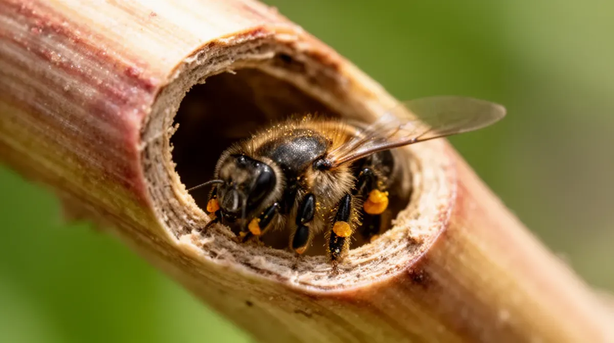 Gros plan d'une abeille solitaire dans son nid creusé dans une tige creuse